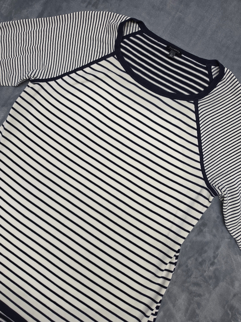 Talbots Striped Raglan Sleeve Knit Top Navy Cream Size L